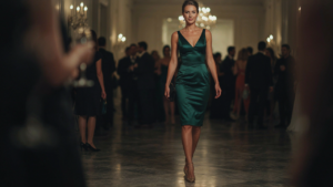 Confident woman in a striking bodycon cocktail dress walks into an evening event.