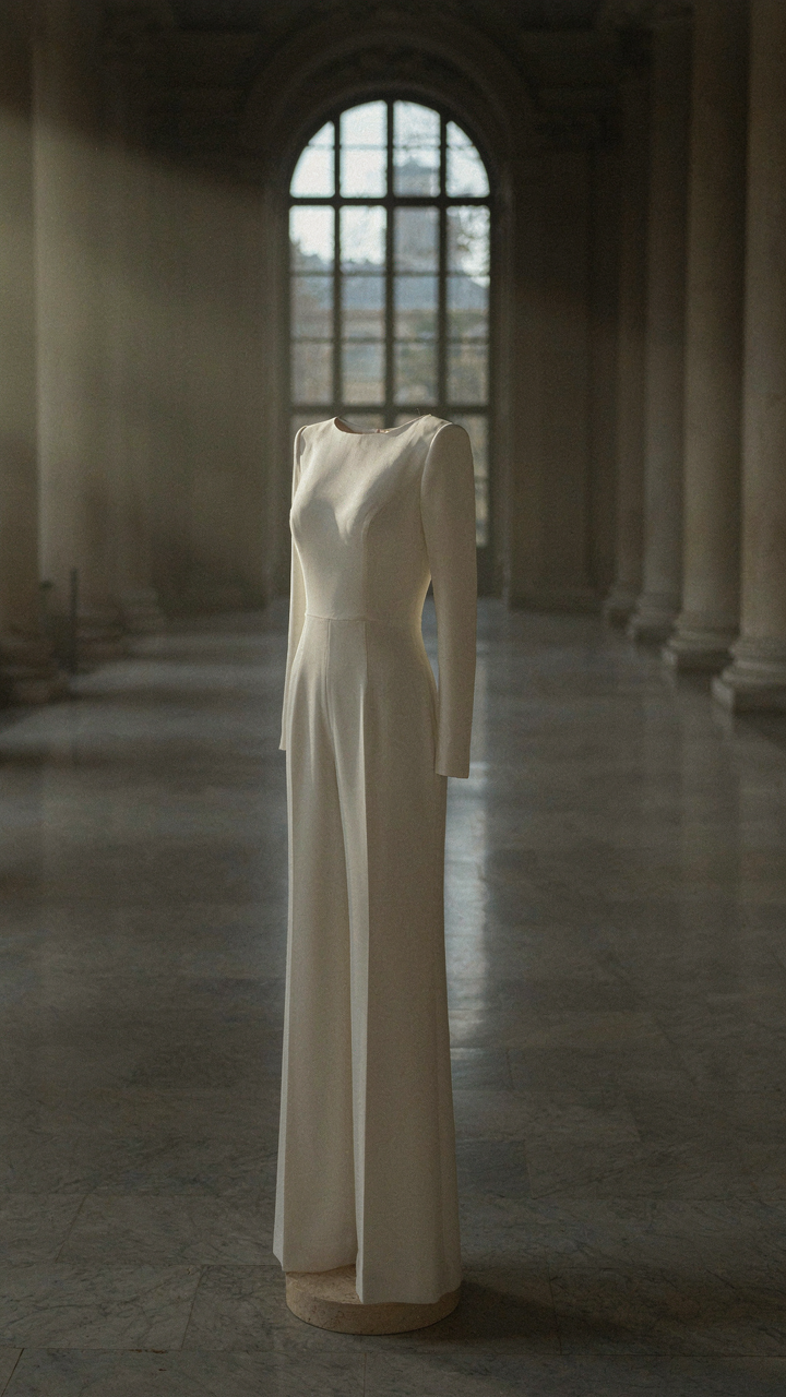 A white bridal jumpsuit with sleeves displayed dramatically in a grand hall.