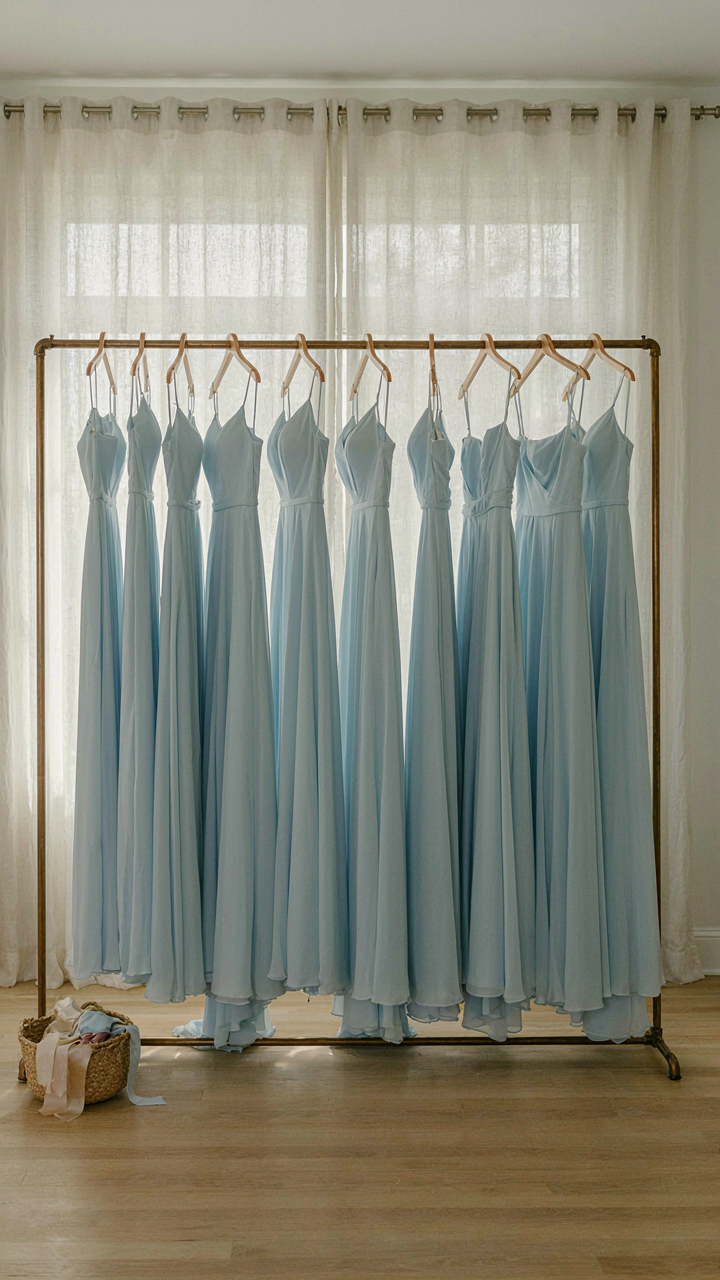 A row of flowing blue chiffon bridesmaid dresses hanging neatly.