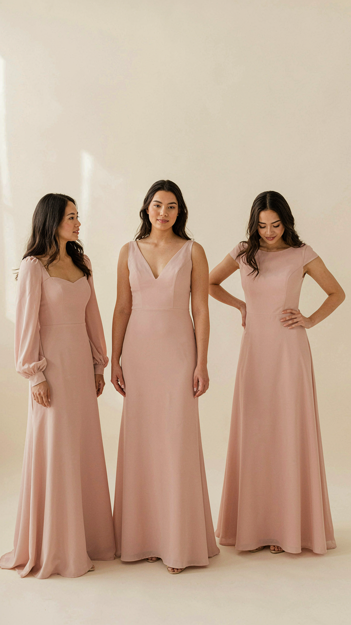 Three bridesmaid dresses of the same crepe fabric, with varied sleeves and necklines.