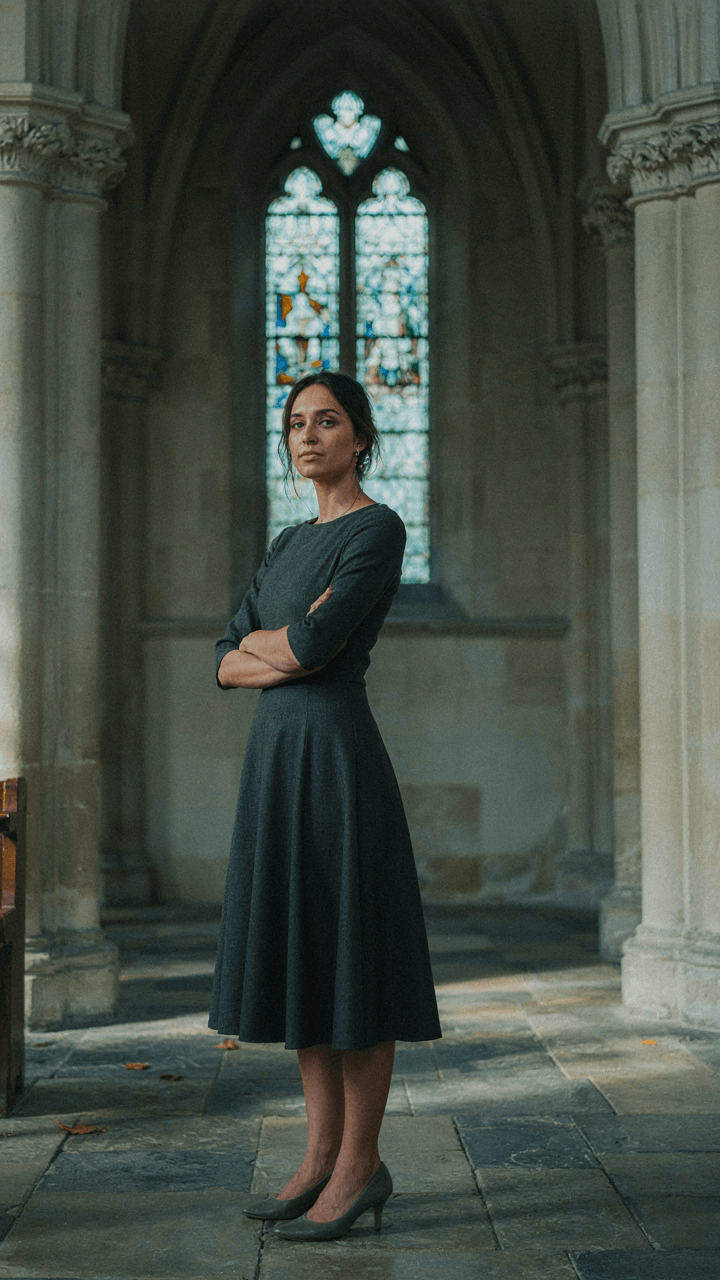 A woman in a three-quarter sleeve dress stands comfortably in a cool church.