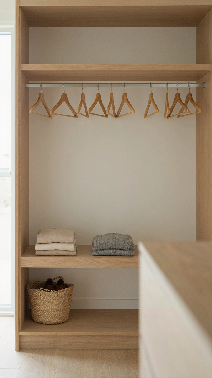 An organized closet with some empty hangers, ready for new clothes.