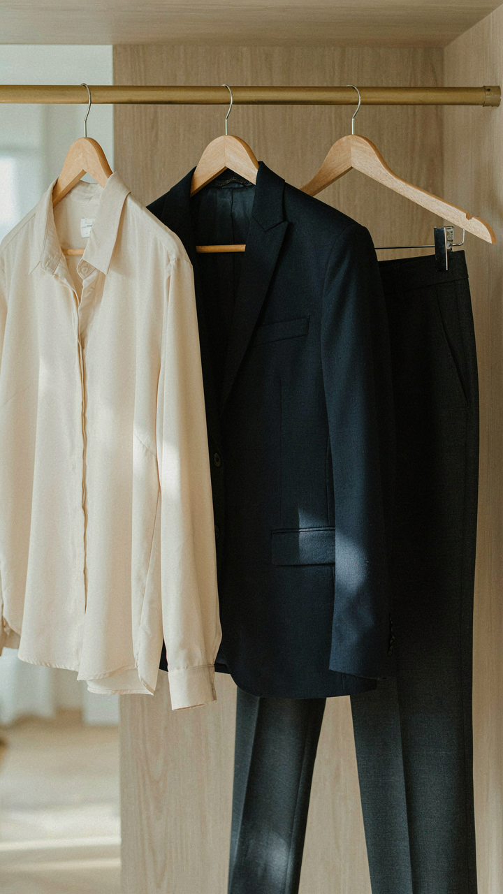 A capsule wardrobe with high-quality silk blouse, blazer, and trousers.