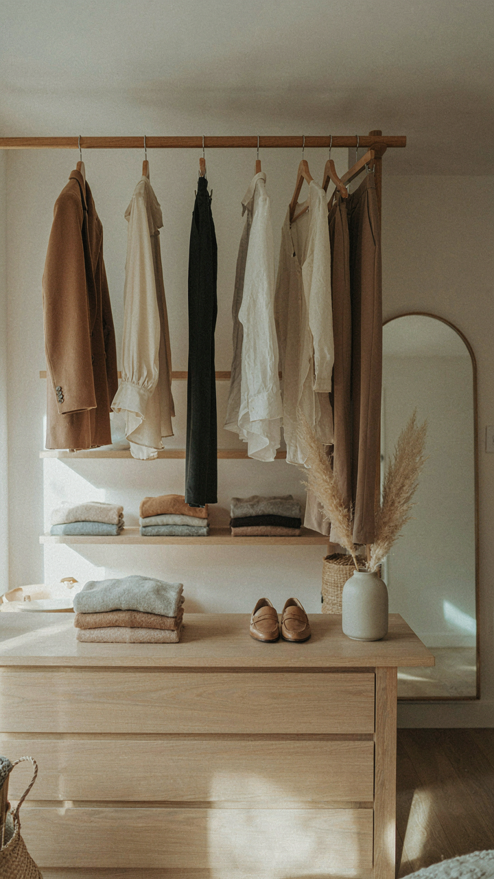 A neatly organized closet displays interchangeable core pieces in neutral colors.