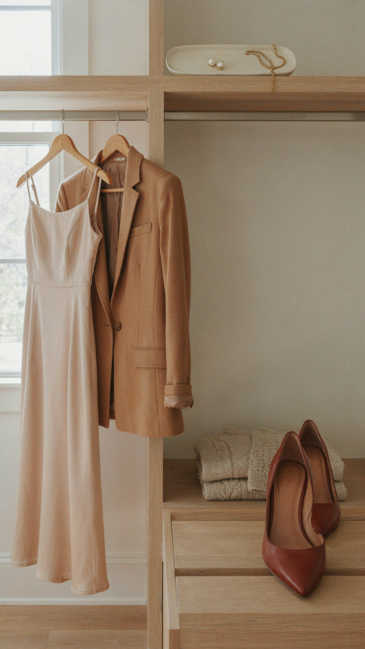 A closet with core semi-formal attire: a midi dress, blazer, and closed-toe heels.