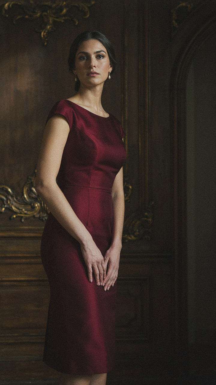 An elegant burgundy midi bodycon dress in a grand room.