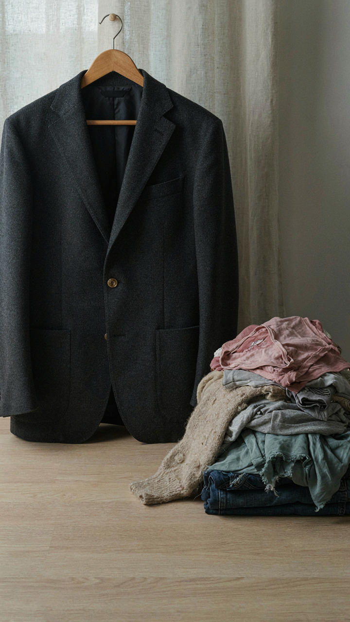 A good wool blazer hangs next to worn, cheap clothes.