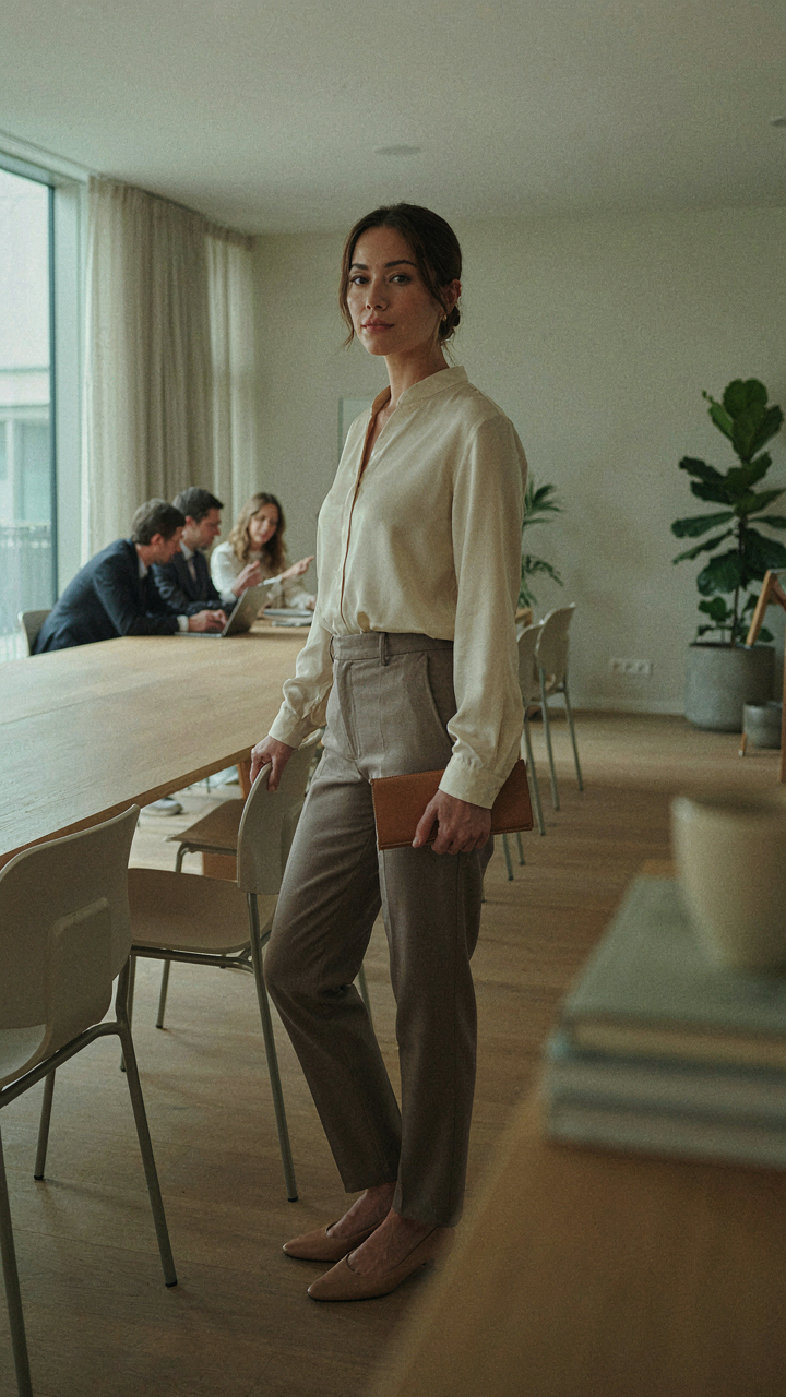 A professional woman in a silk blouse and trousers stands poised in an office.