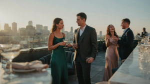 Professionals in stylish business cocktail attire mingle at a high-rise reception with a city view.