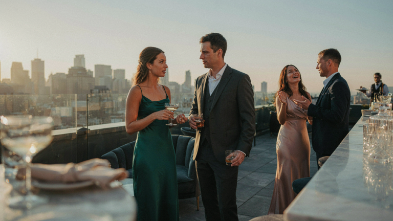 Professionals in stylish business cocktail attire mingle at a high-rise reception with a city view.