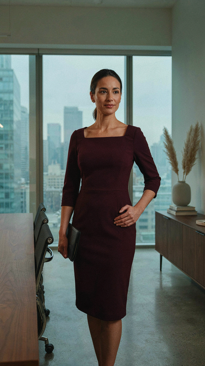 Woman in a burgundy square neck business dress stands confidently in an office.