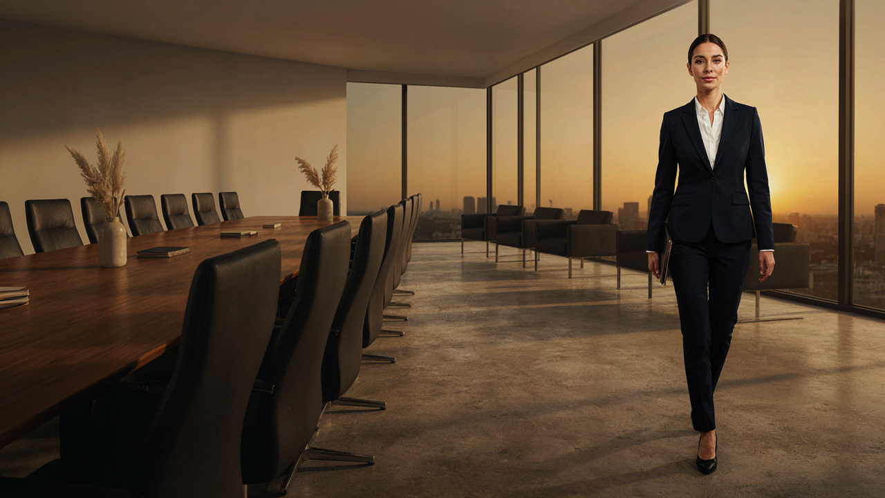 A woman in a tailored navy business formal suit walks into a bright, modern conference room.