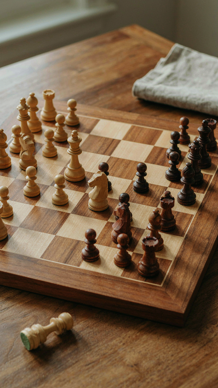 A chessboard with pieces in a strategic mid-game position.