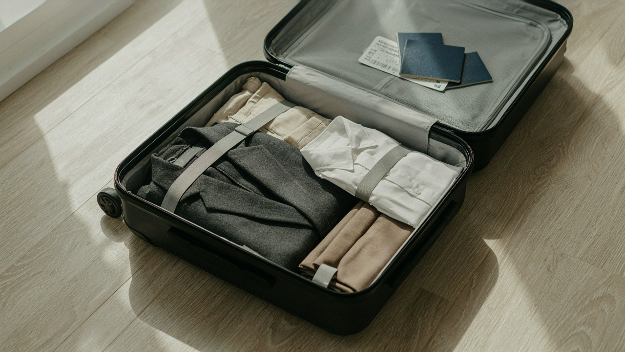 An open suitcase with a carefully packed business trip capsule wardrobe.