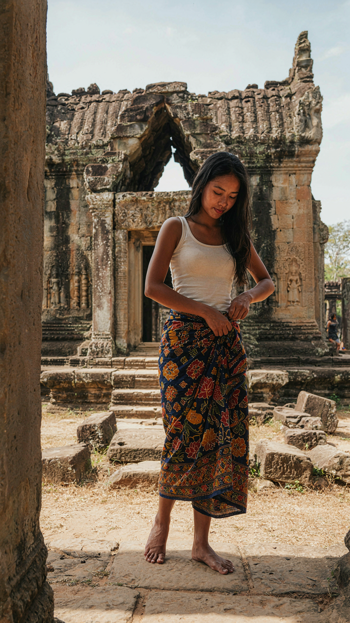 A person ties a colorful sarong at a Cambodian temple.