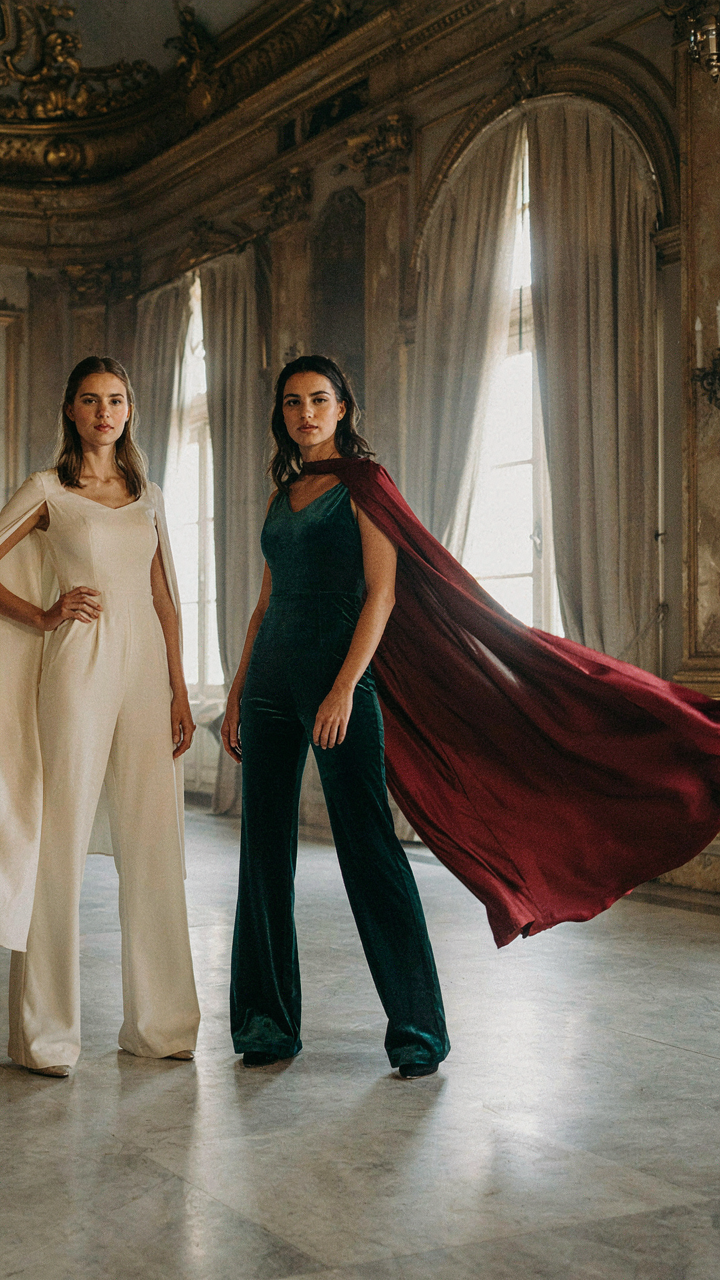 Two models show a jumpsuit with cape sleeves and one with a full, flowing cape.