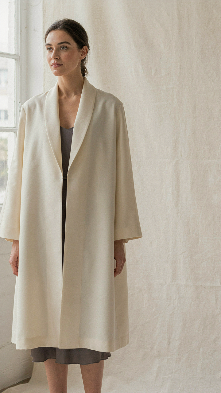 A woman wears a modern evening cape with structured lines, inspired by a haori.