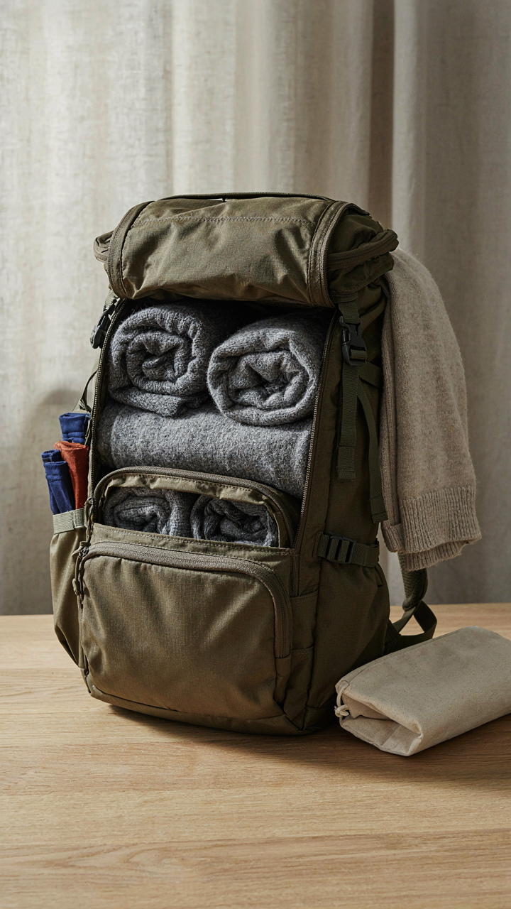 A packed backpack with a minimalist capsule wardrobe for rainy destinations.