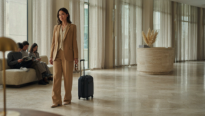 A woman in business attire stands in a hotel lobby with a small suitcase.