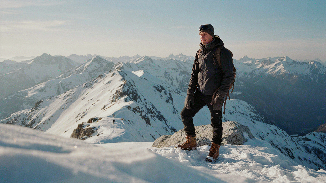 A person in warm layers stands in a snowy mountain landscape.