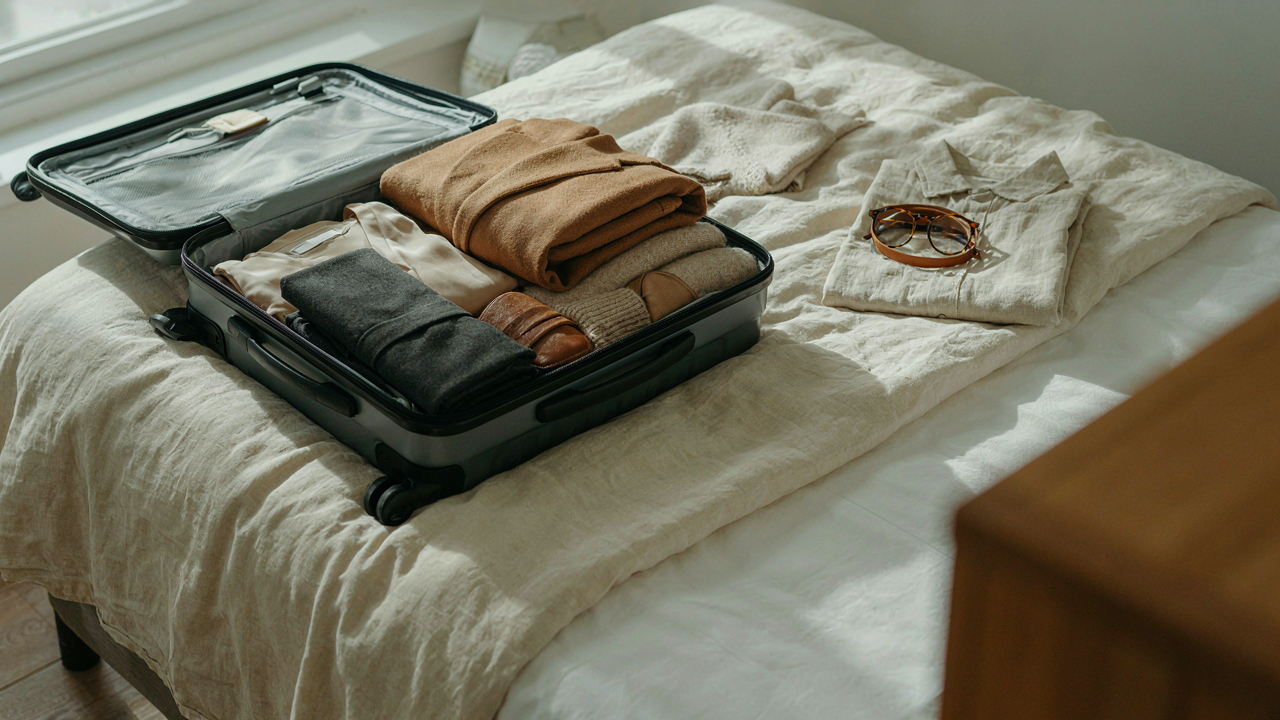 An open suitcase with a carefully folded capsule wardrobe for conferences on a hotel bed.