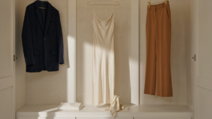 A neatly organized capsule wardrobe for dressy occasions with five core clothing pieces.