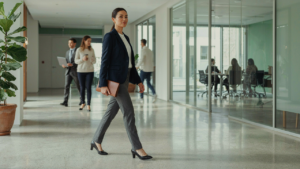 A professional woman in a sharp navy blazer walks through a modern, brightly lit office.