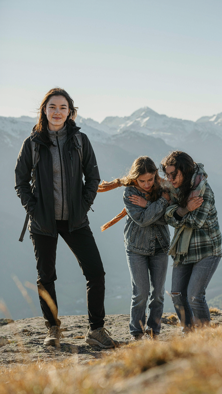 A layered person smiles while others shiver in cold weather.
