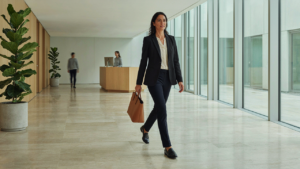 A woman in a stylish capsule wardrobe over 40 confidently walks through a modern lobby.