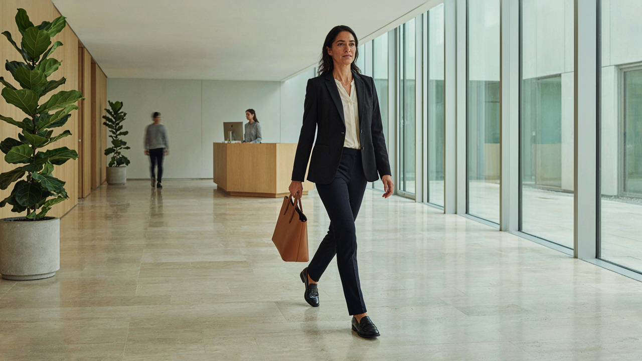 A woman in a stylish capsule wardrobe over 40 confidently walks through a modern lobby.