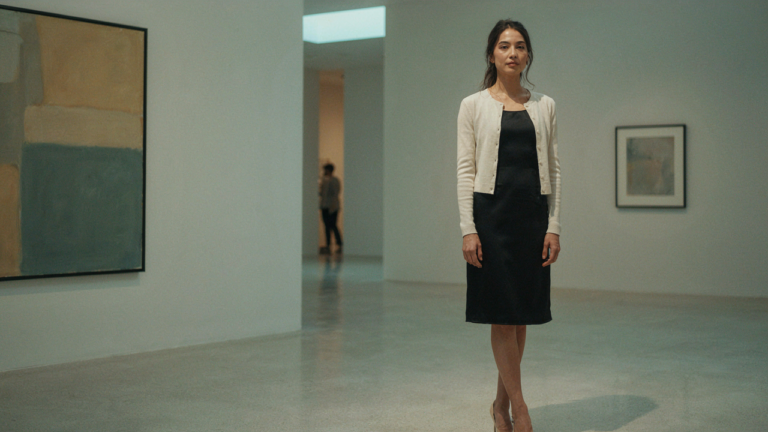 Woman in a cropped cardigan over a cocktail dress confidently standing in an art gallery.