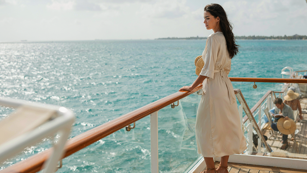 A woman in a stylish wrap dress stands on a cruise ship deck, enjoying the Caribbean view.