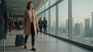 Woman pulling a sleek carry-on suitcase through a sunny airport terminal.