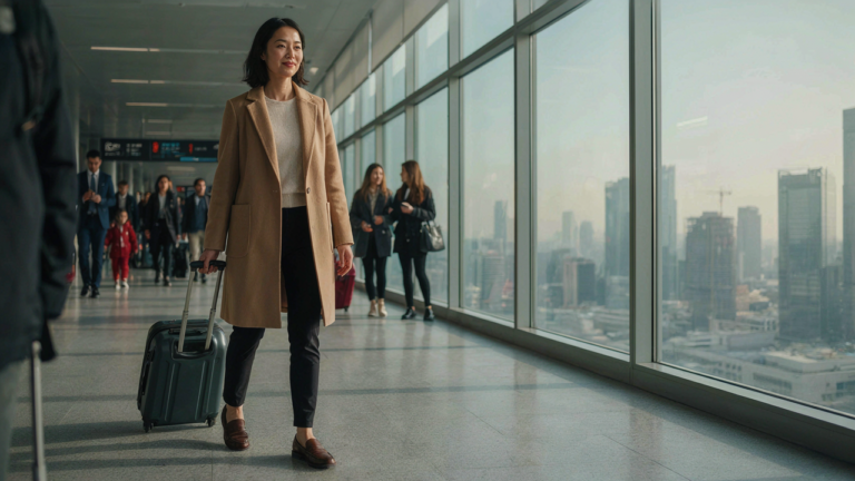 Woman pulling a sleek carry-on suitcase through a sunny airport terminal.