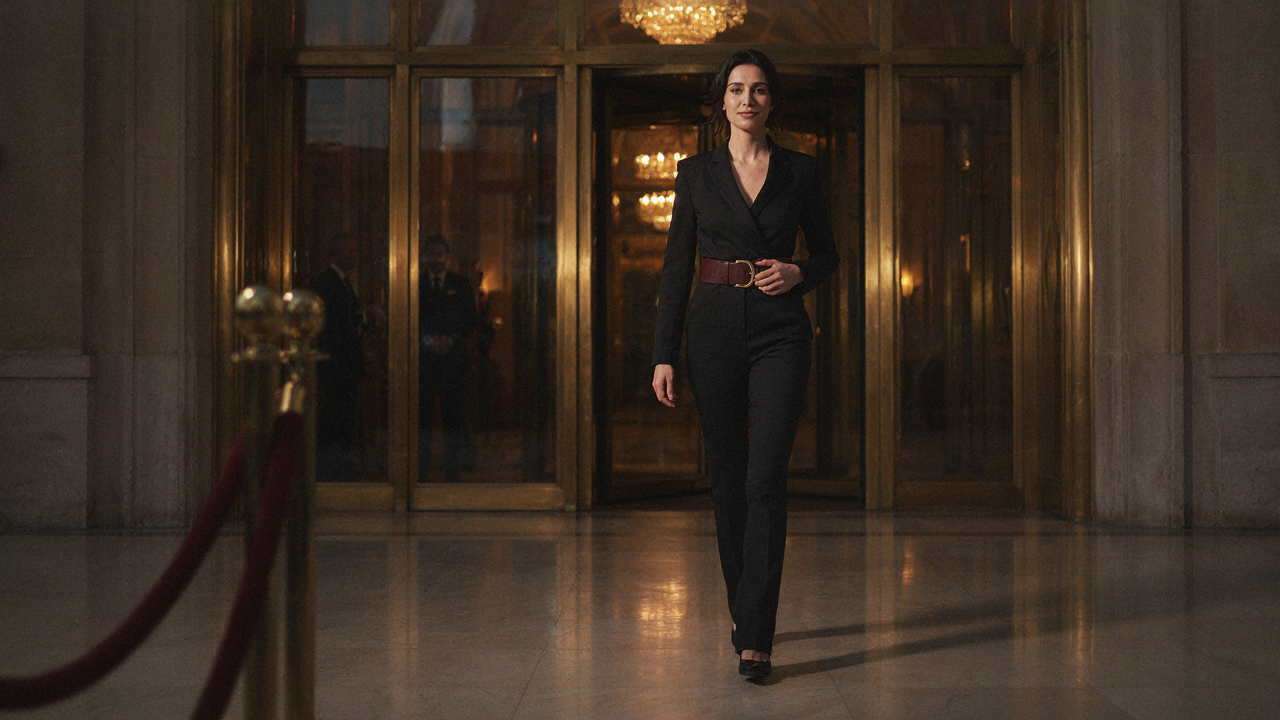 A woman in a tailored jumpsuit confidently enters a grand casino.