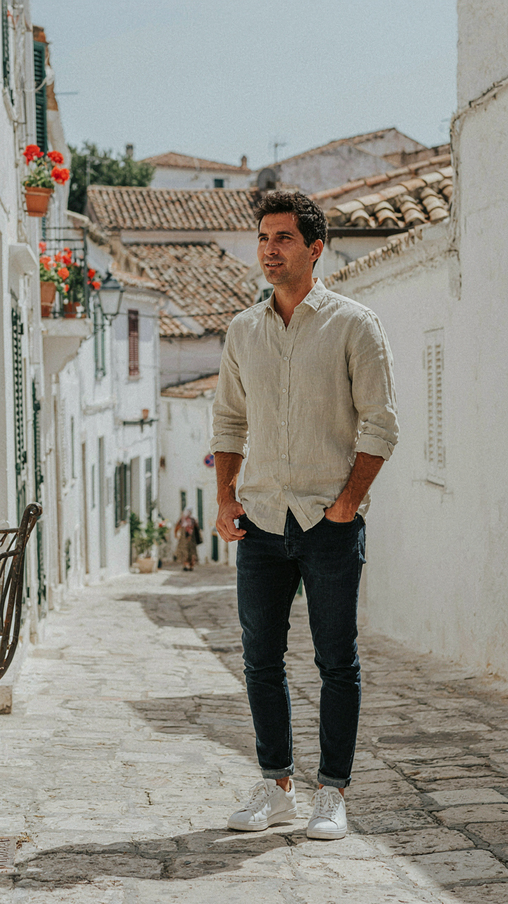 A person in fitted casual clothes stands on a sunny European street.
