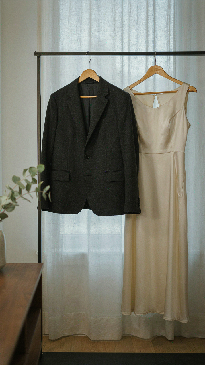 A structured wool blend blazer hangs next to a tailored midi dress in a hotel room.