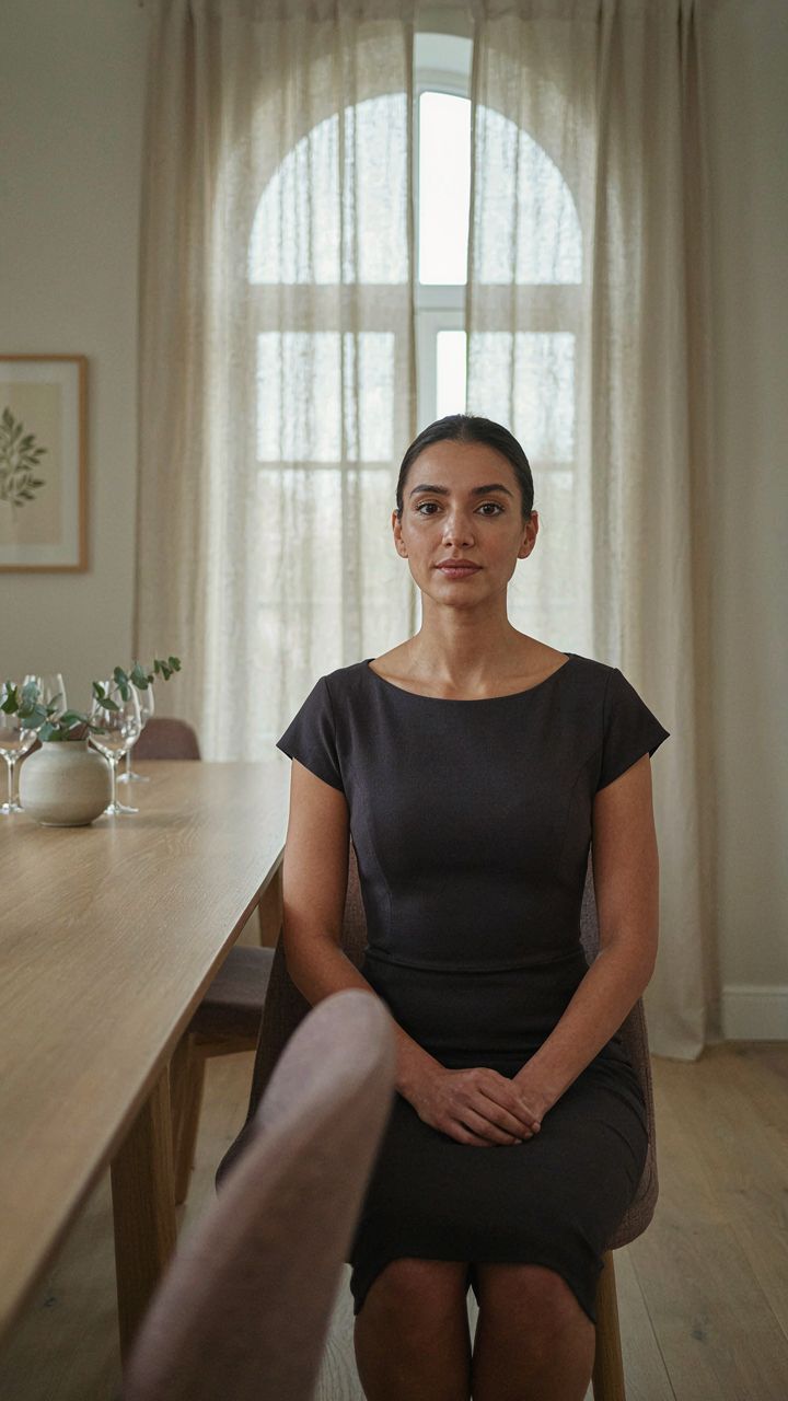 A woman sits upright at a dining table, showcasing confident posture.