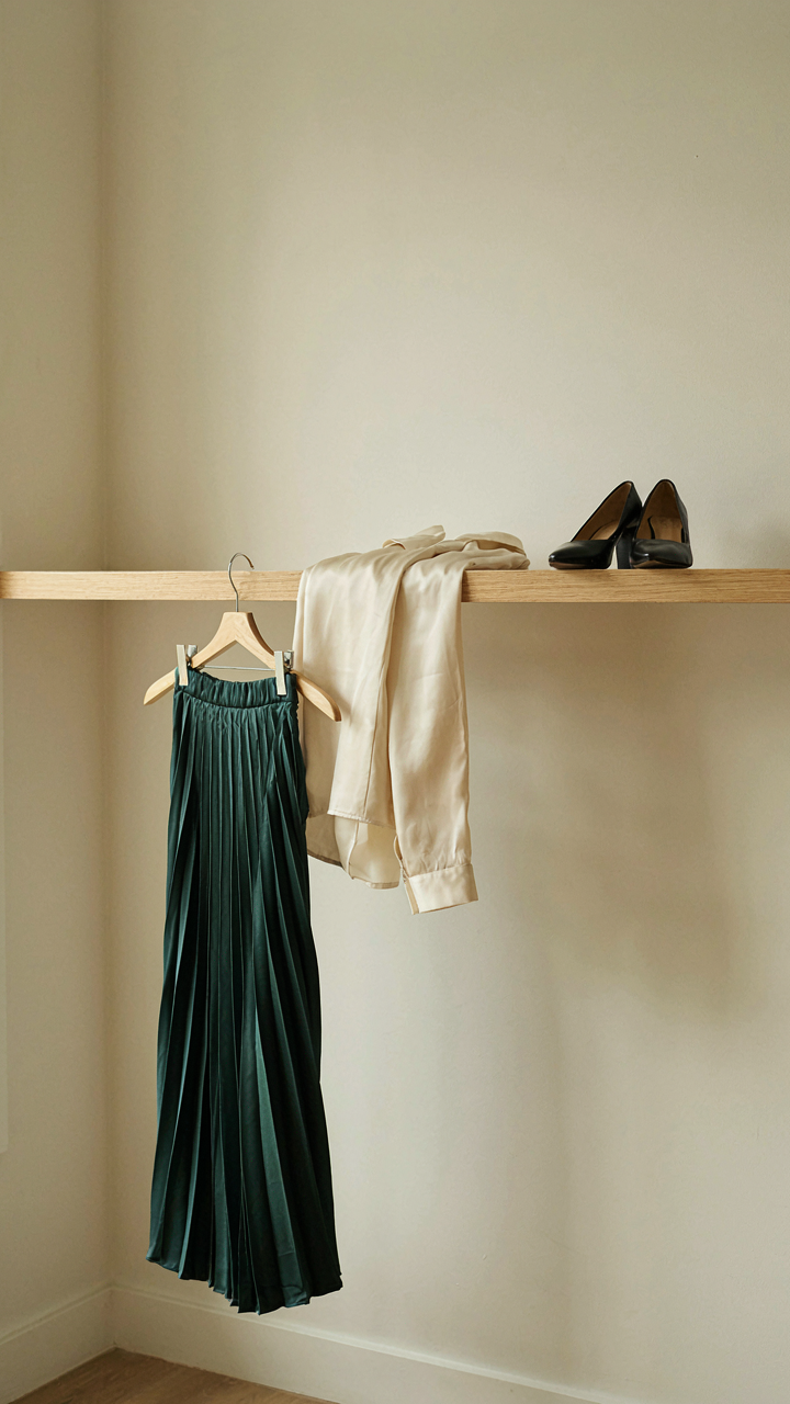 A minimalist closet holds a pleated skirt, blouse, and pumps.