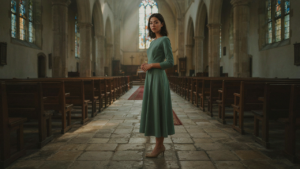 Woman in a sage green dress stands in a church aisle, ready for a christening.