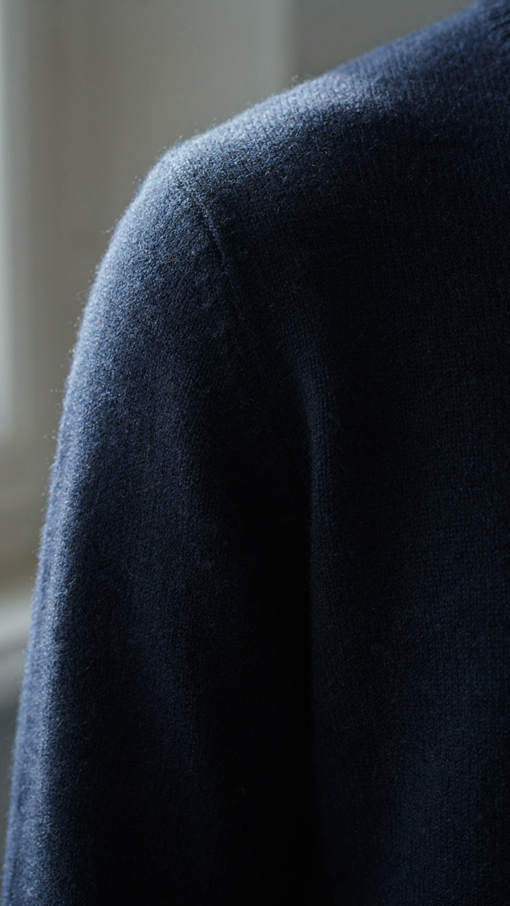 A close-up of a finely woven dark navy cashmere sweater, showing texture.