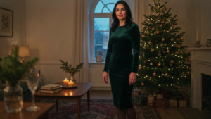 Woman in an elegant green velvet dress in a festive living room for Christmas Eve dinner.