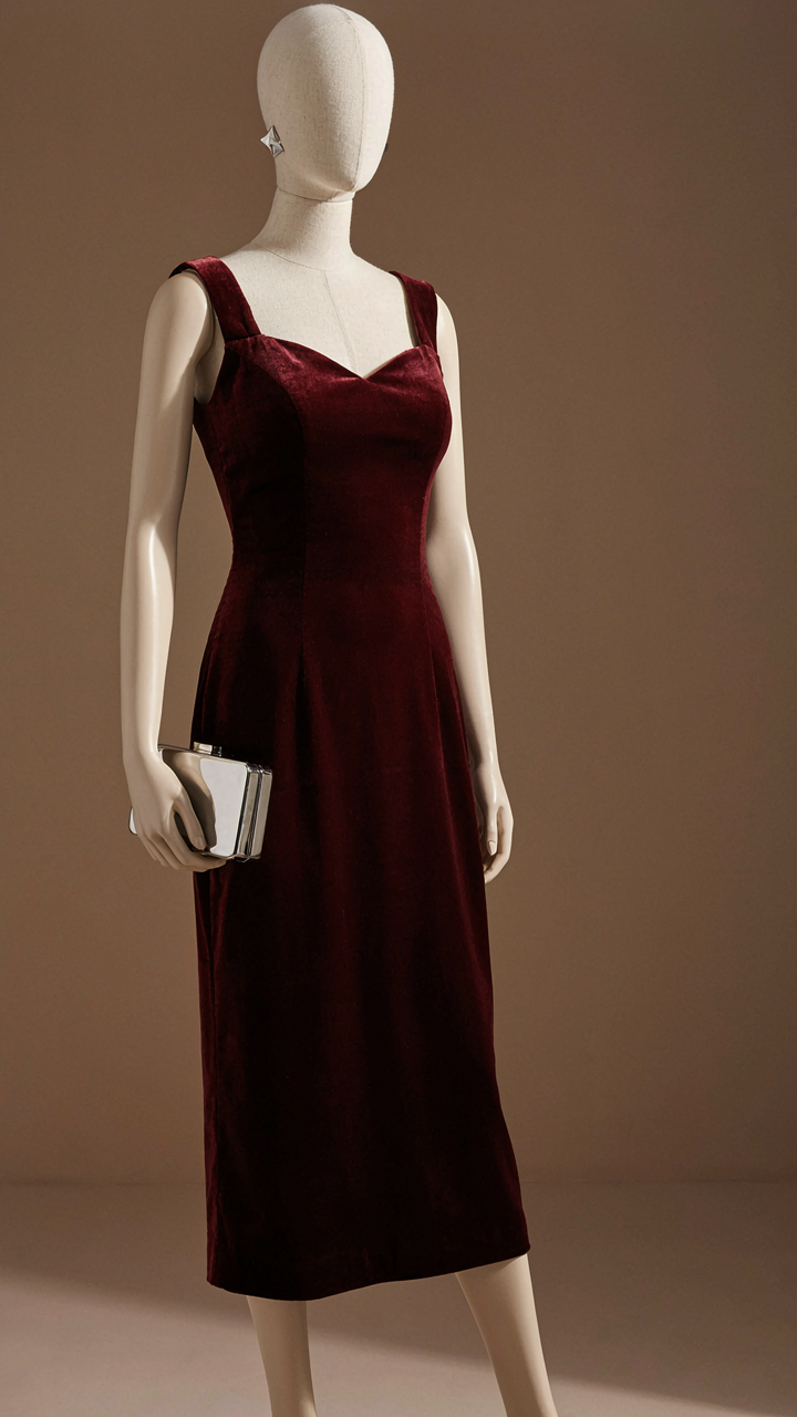 A burgundy velvet cocktail dress is accessorized with a silver clutch and earrings.