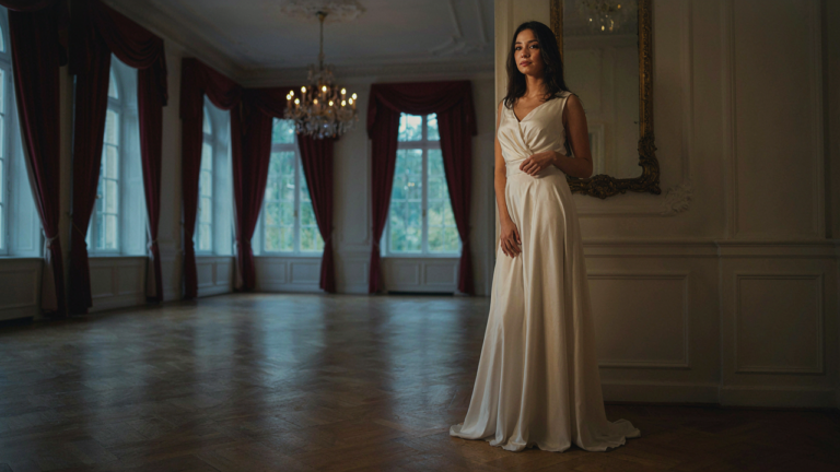 A woman in a flowing silk gown stands confidently in a grand ballroom.