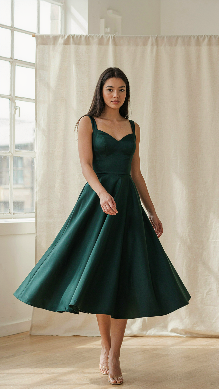 Woman standing in an A-line midi fit and flare cocktail dress.