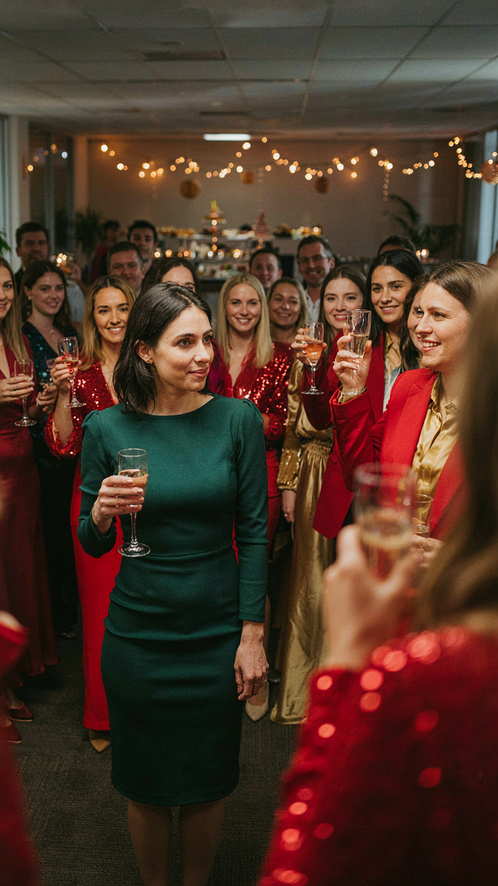 A woman in a green dress stands out in a crowd at a Christmas party.