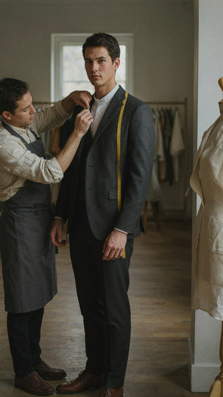 A tailor meticulously adjusts the shoulder of a wool blazer on a man.