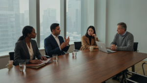 Four well-dressed professionals in a modern conference room, engaged in a client dinner