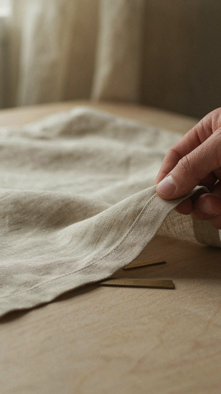 A hand inspects the durable flat-fell seam on a quality linen shirt.