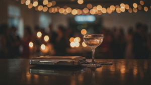 A sleek silver clutch sits beside a cocktail glass on a reflective surface at a party.